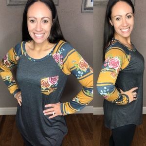 Mustard Floral Striped Crew Neck Long Sleeve Top
